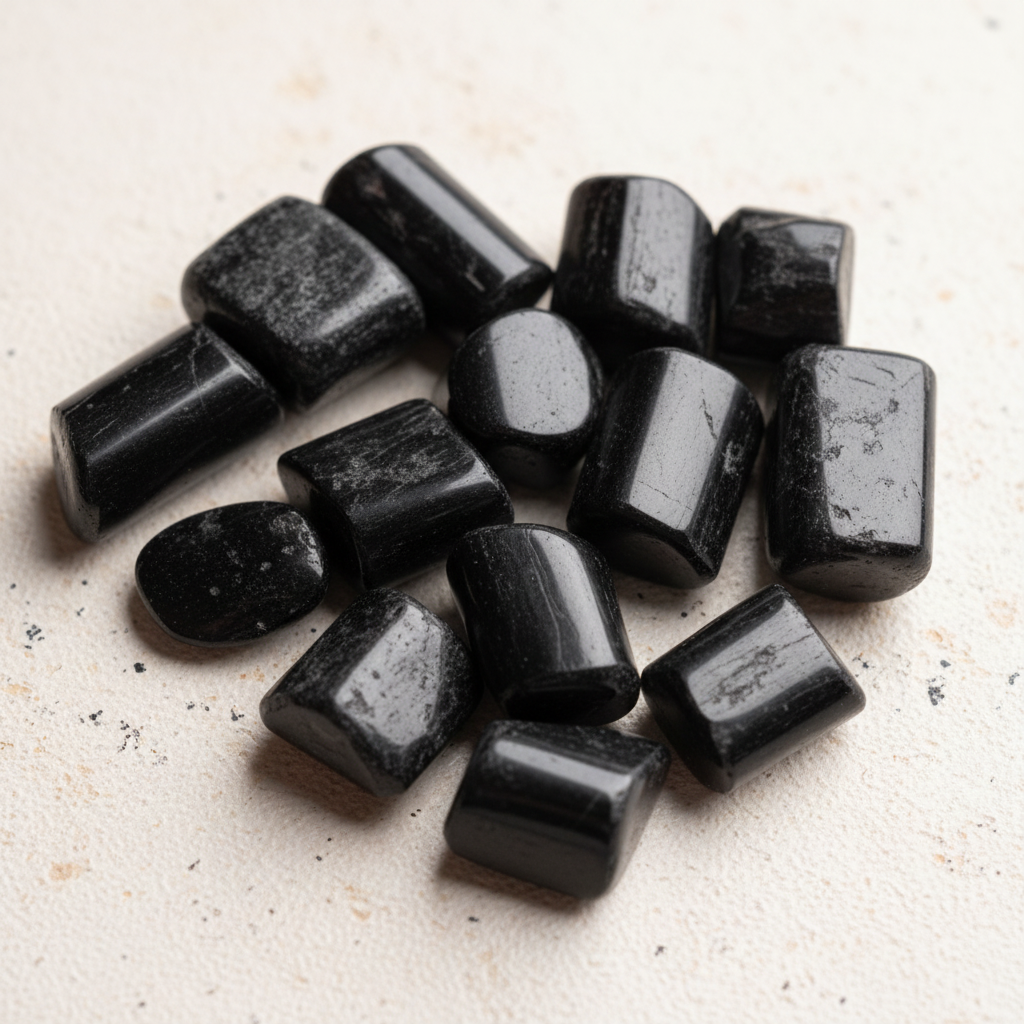 Close-up arrangement of Black Tourmaline tumble stones on a light background