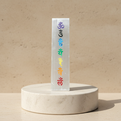 Rectangular seven chakra panel displayed on a light stone pedestal