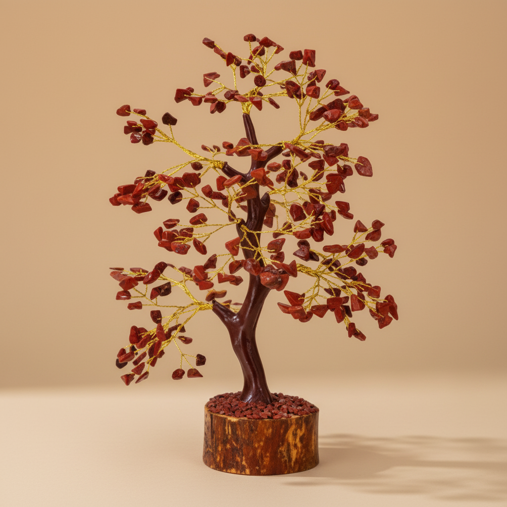 Close three-quarter view of a Red Jasper crystal tree with red chips and golden branching