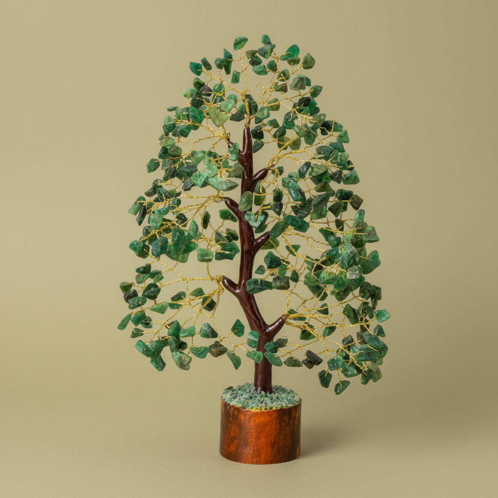 Close three-quarter view of a Green Aventurine crystal tree with green chips and golden branching