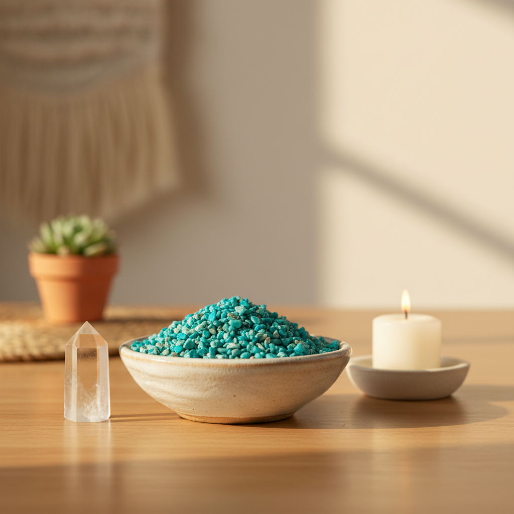 Chrysocolla Crystal Chips in a ceramic bowl in a calm spiritual home setting