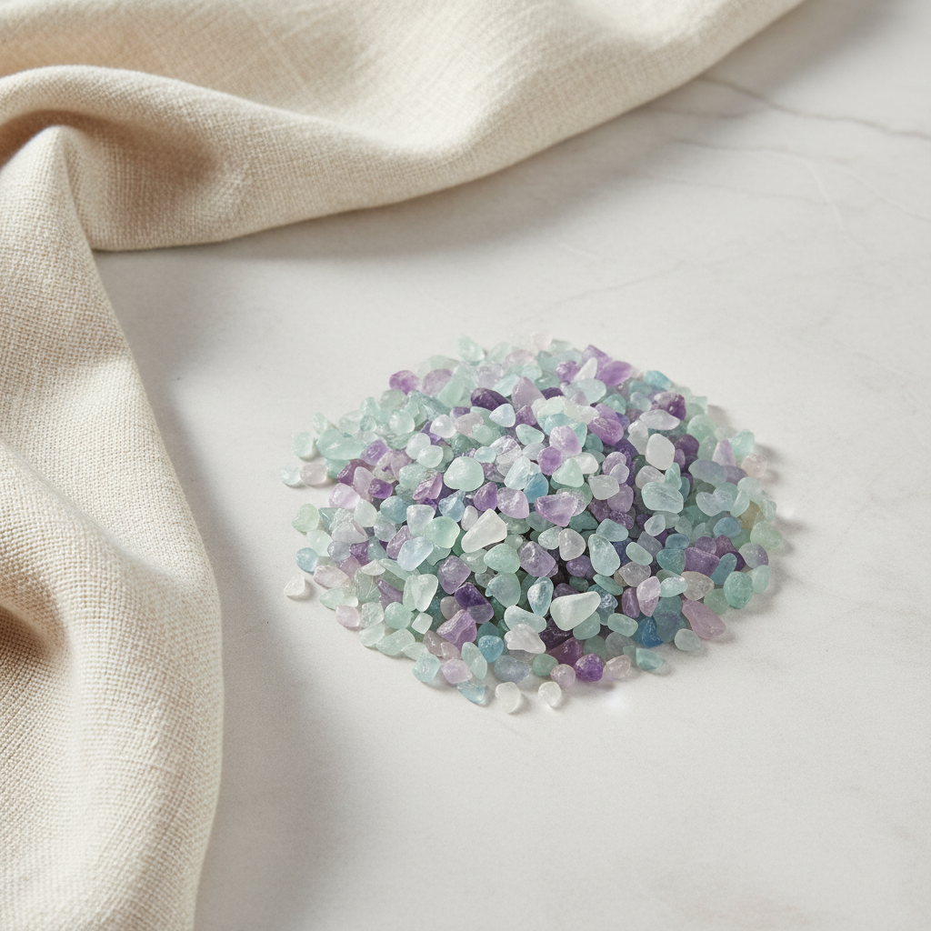 Fluorite crystal chips arranged with neutral linen décor