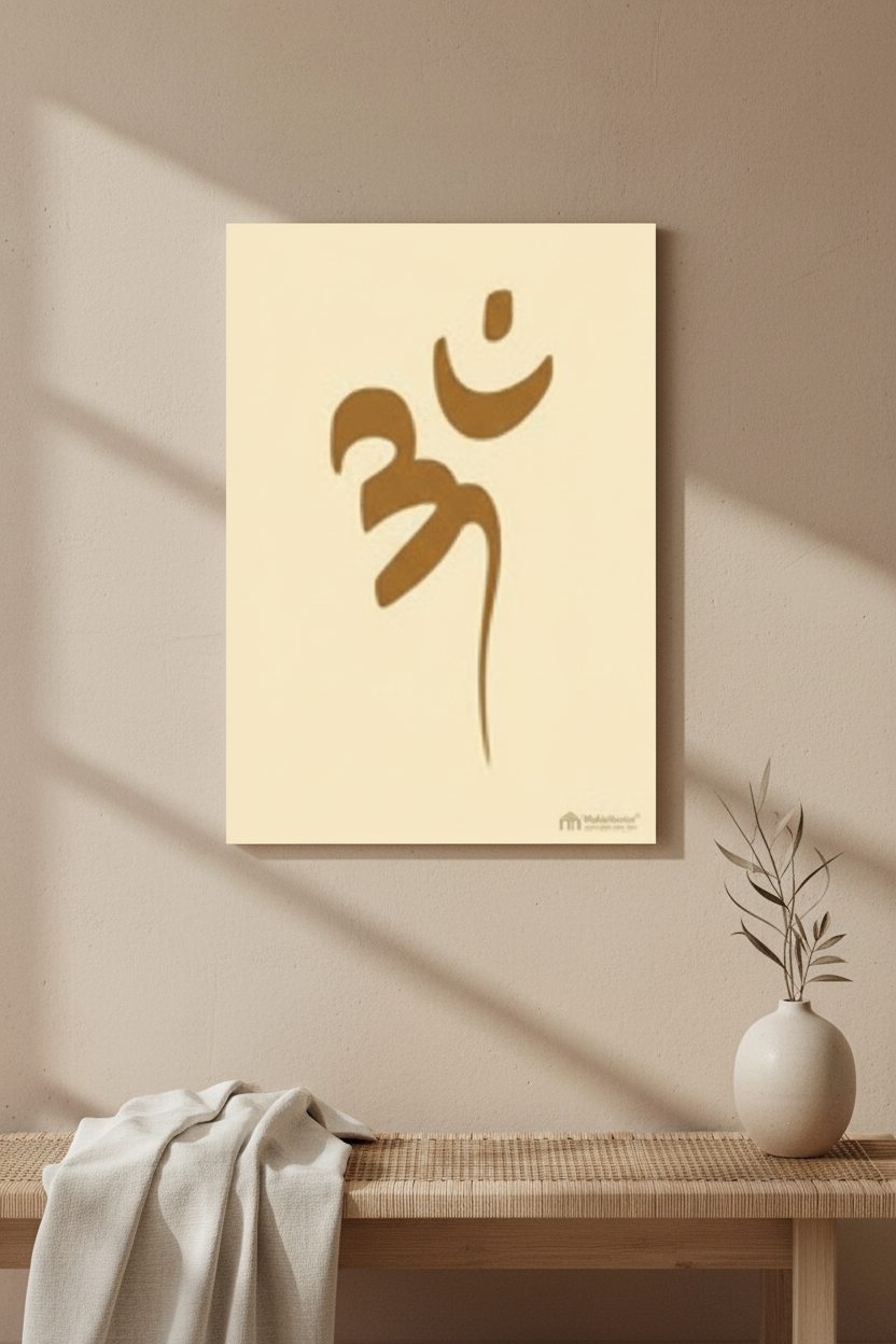 OM painting poster displayed in a warm neutral studio setting