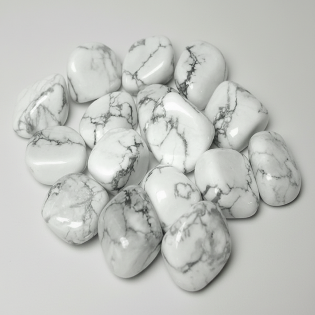 Close-up of polished Rainbow Moonstone tumble stones on a light neutral background