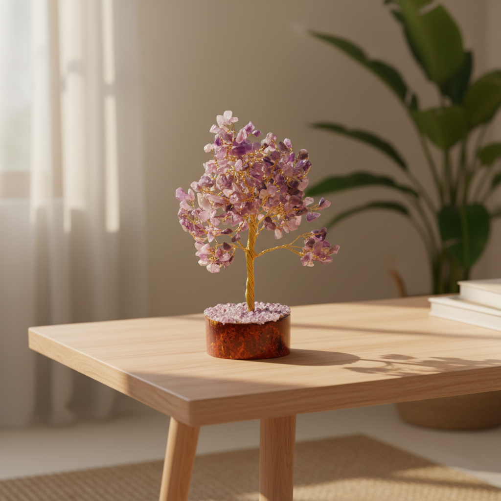 Amethyst crystal tree displayed on a wooden table in a calm home space