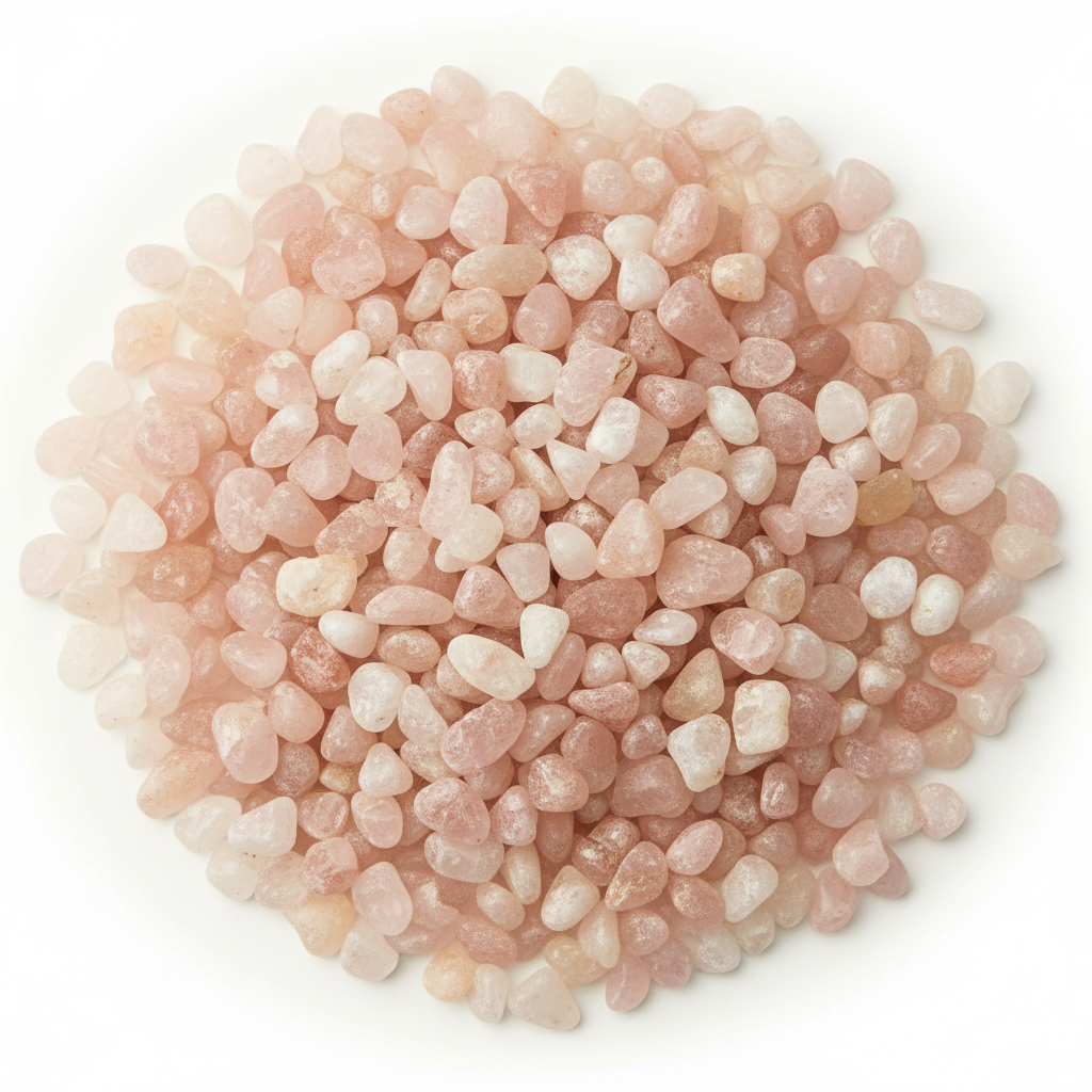 Close-up pile of Rose Quartz crystal chips on a light background