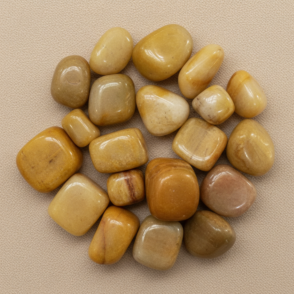 Close-up of smooth polished Yellow Jade tumble stones with warm golden mottling