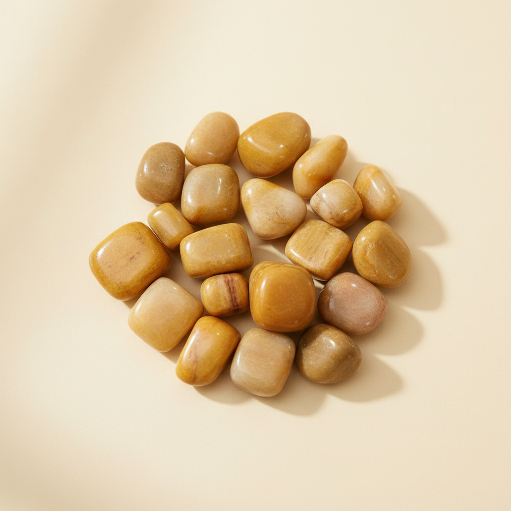 Polished Yellow Jade tumble stones arranged on an ivory studio background