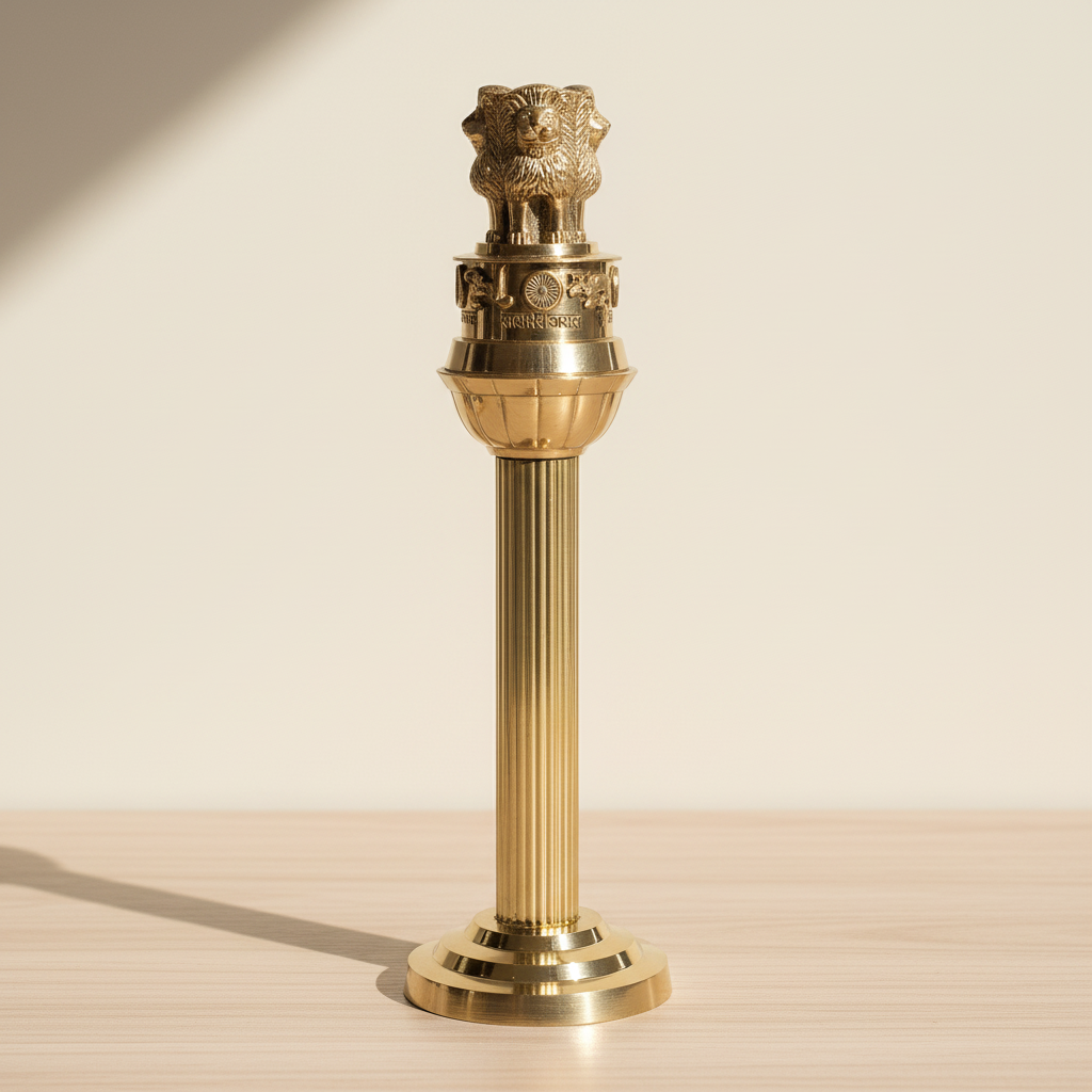 Tall brass Ashoka Pillar-inspired decor displayed on a warm neutral surface