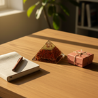Red Jasper crystal pyramid displayed on a warm desk beside a notebook and gift box