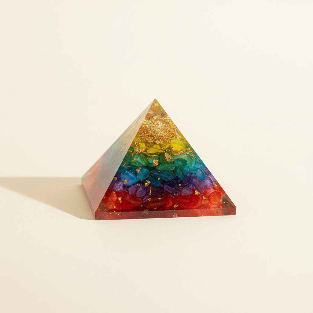 Side profile of a multicolour 7 Chakra crystal pyramid showing layered chakra colours