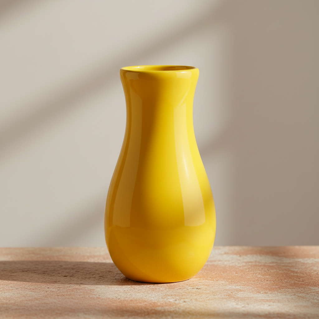 Bright yellow vase on a warm terracotta and cream stone surface