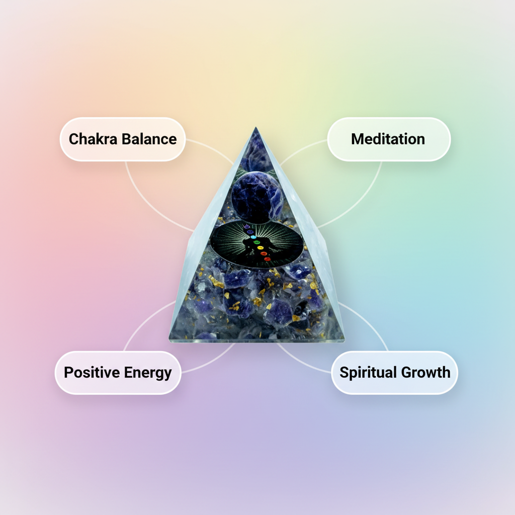 Amethyst crystal pyramid with chakra balance, meditation, positive energy and spiritual growth benefits