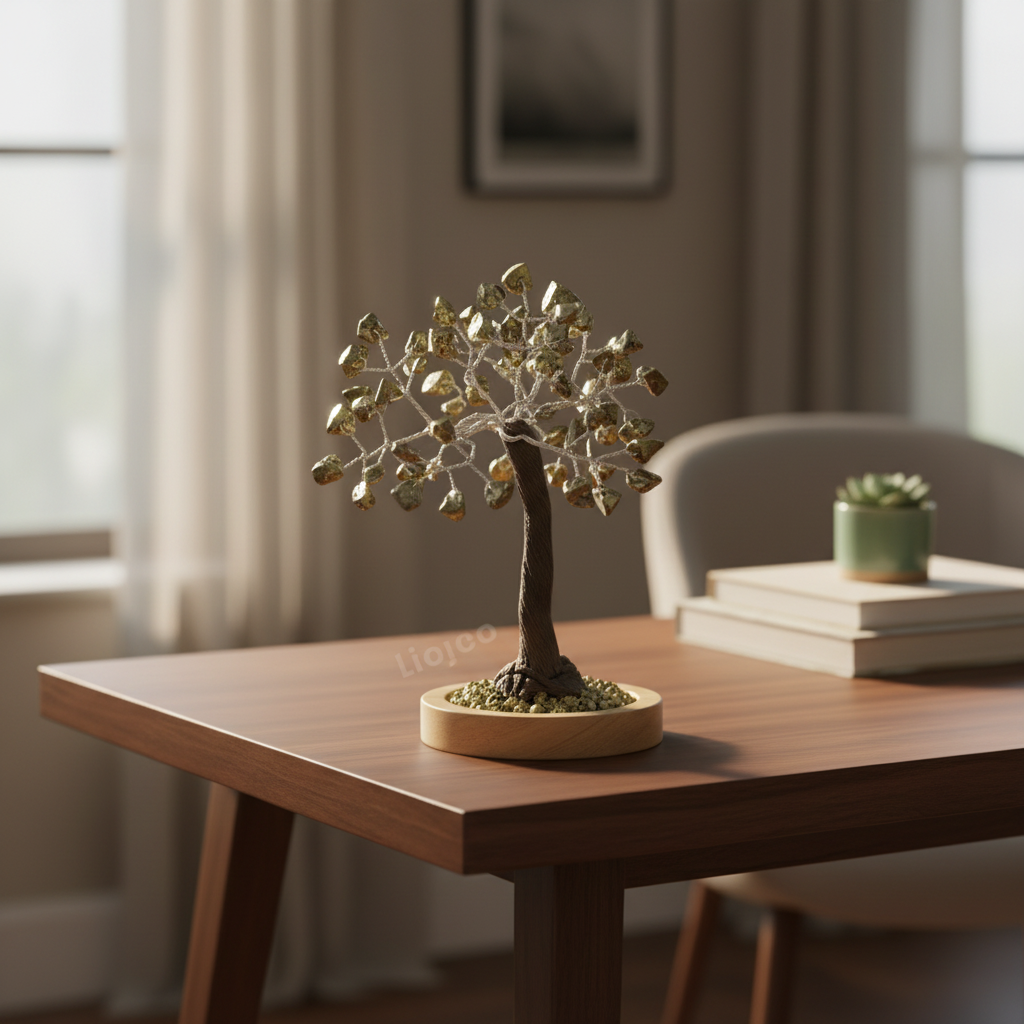 Pyrite crystal tree displayed on a wooden table in a warm elegant workspace