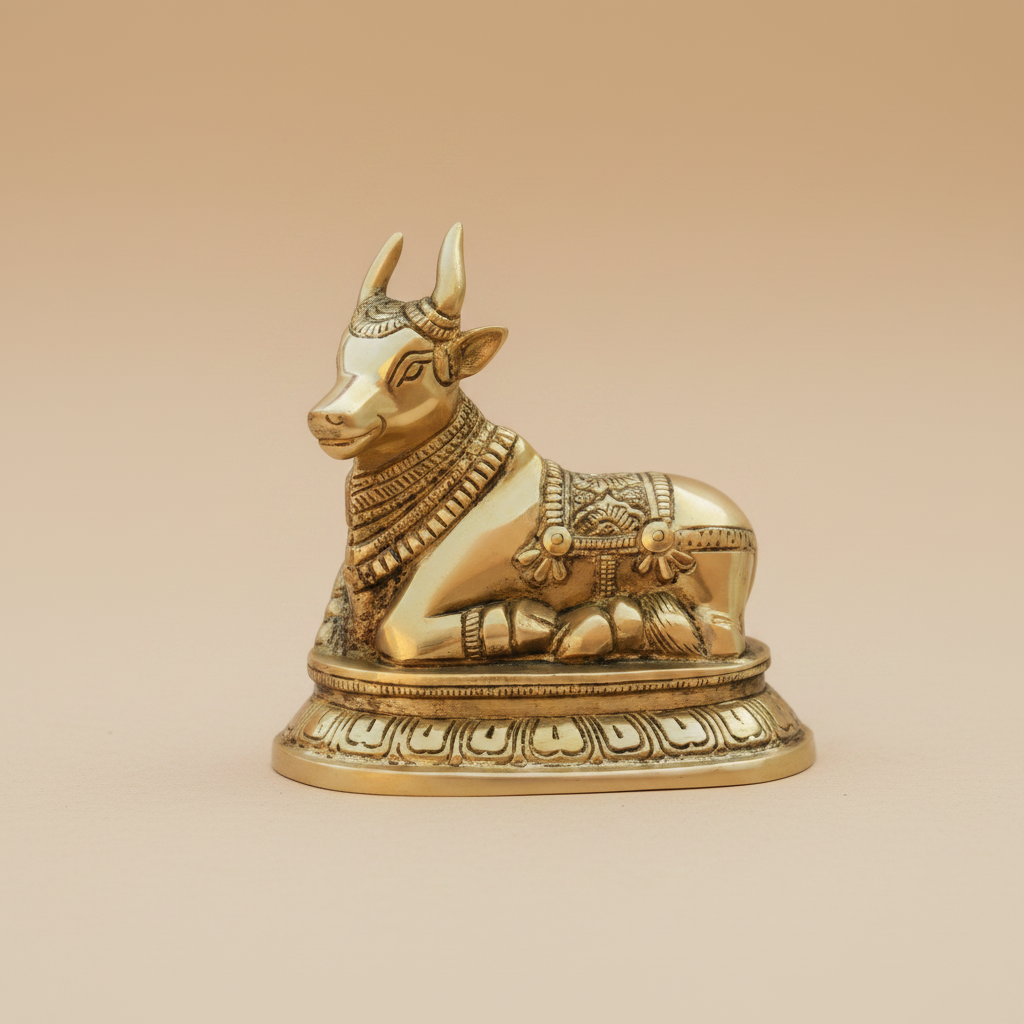 Nandi Ji murti in a warm studio setting, elevated front view