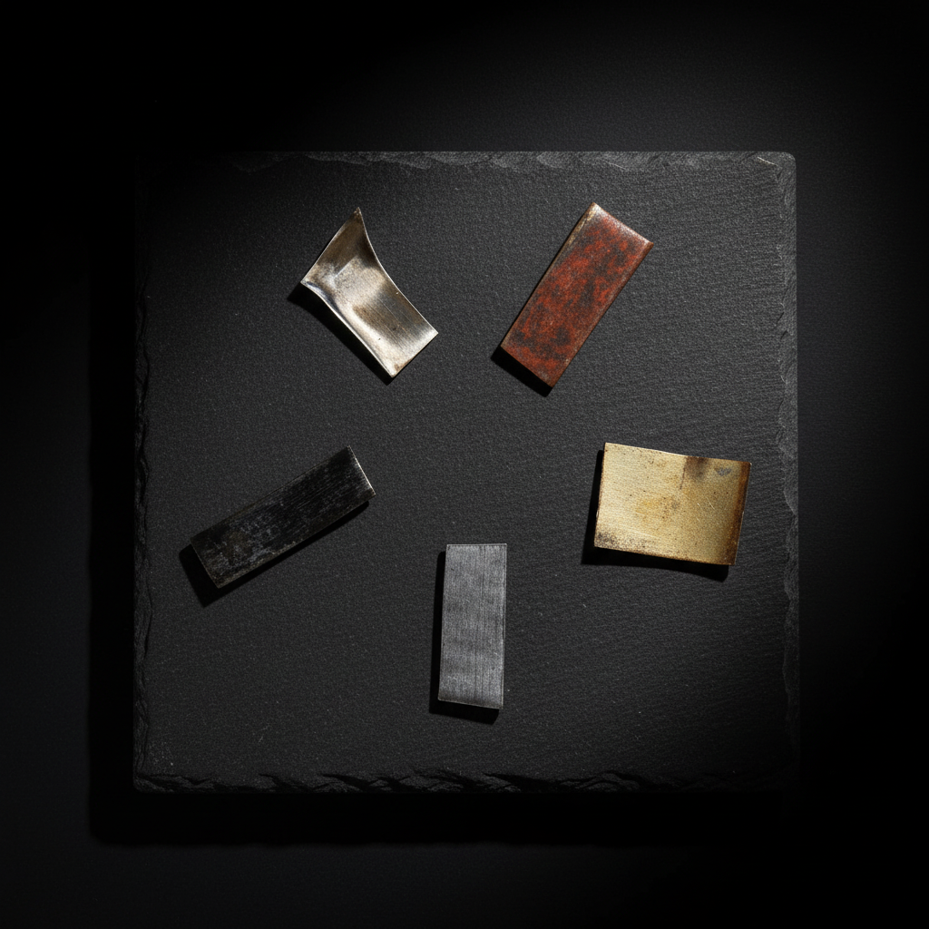 Five Panch Dhatu metal pieces arranged on a dark stone surface with a black studio background