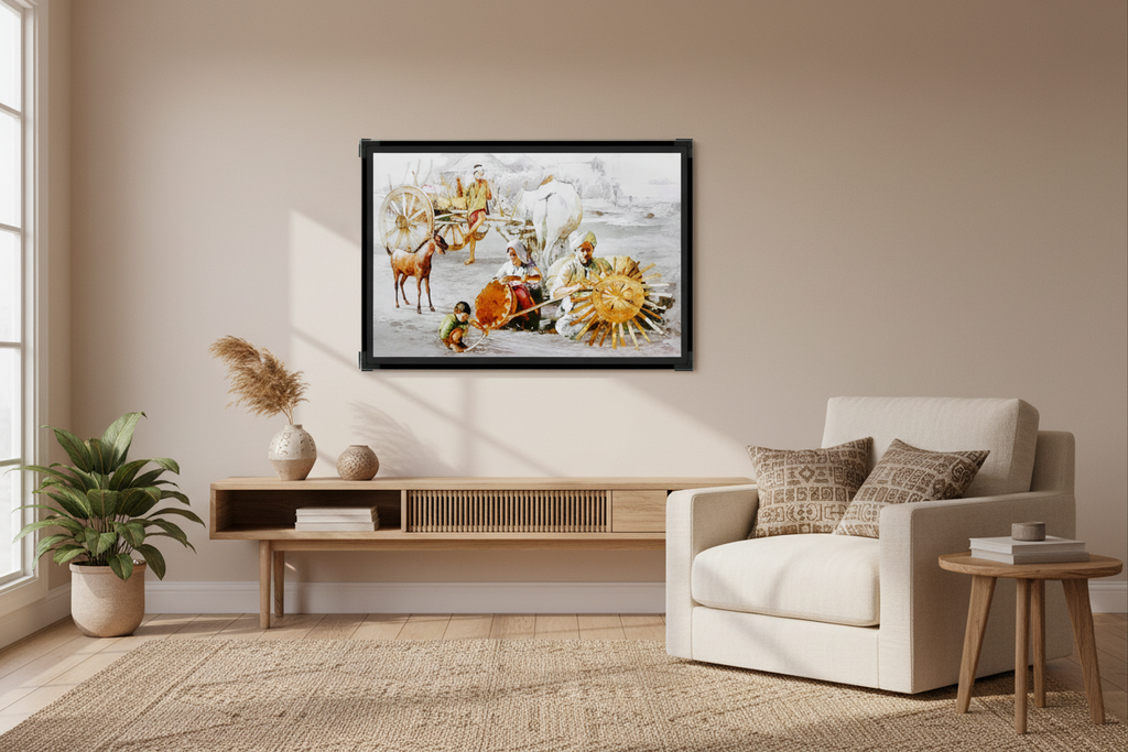 Village painting poster styled in a warm, welcoming living room