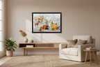 Village painting poster styled in a warm, welcoming living room