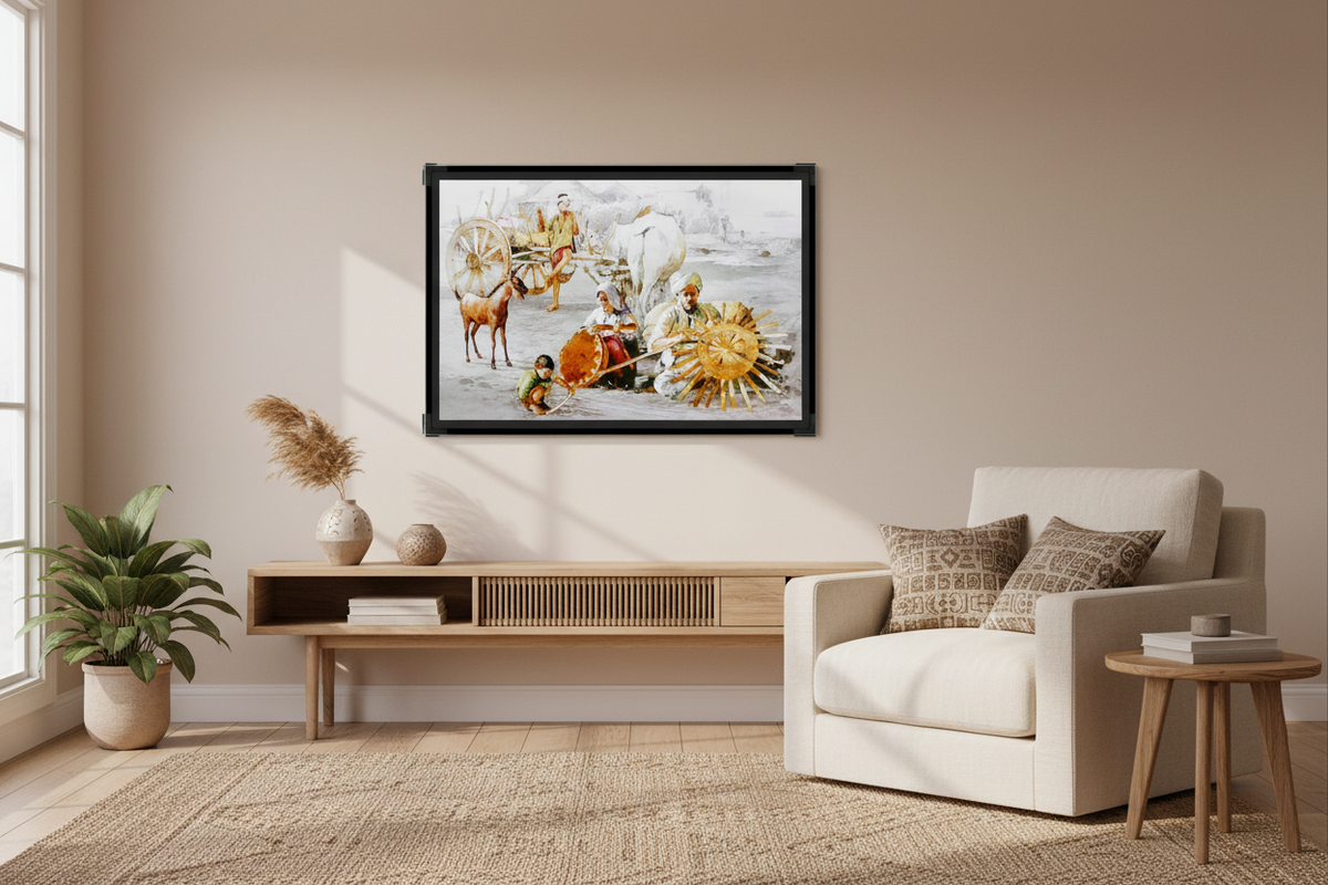 Village painting poster styled in a warm, welcoming living room