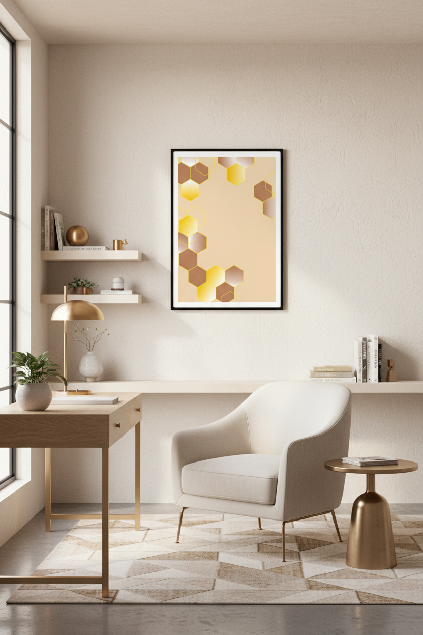 Hexagon honeycomb painting poster styled in a modern interior