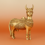 Kamdhenu Cow golden statue on a warm devotional studio background
