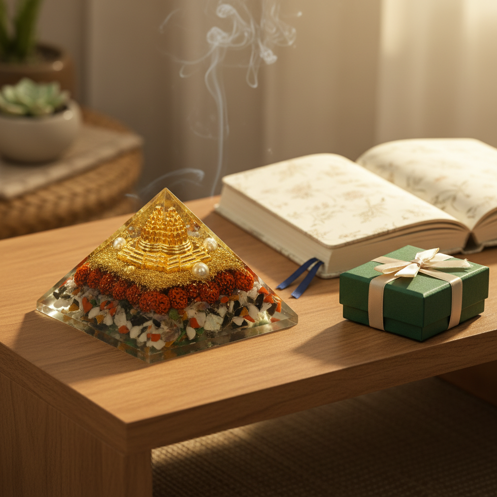 Navgrah crystal pyramid displayed on a prayer and meditation table beside a notebook and gift box