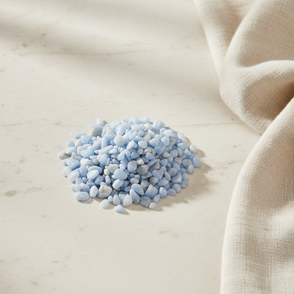 Angelite crystal chips arranged with neutral linen décor