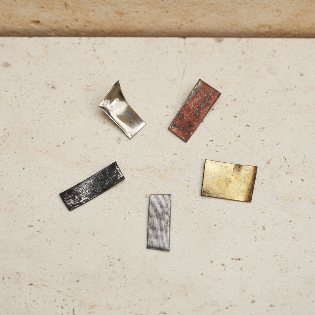 Five Panch Dhatu metal pieces displayed on a light natural stone surface