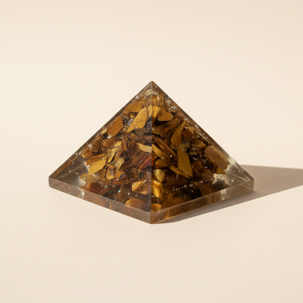 Side profile of a Tiger Eye crystal pyramid with warm golden-brown detail