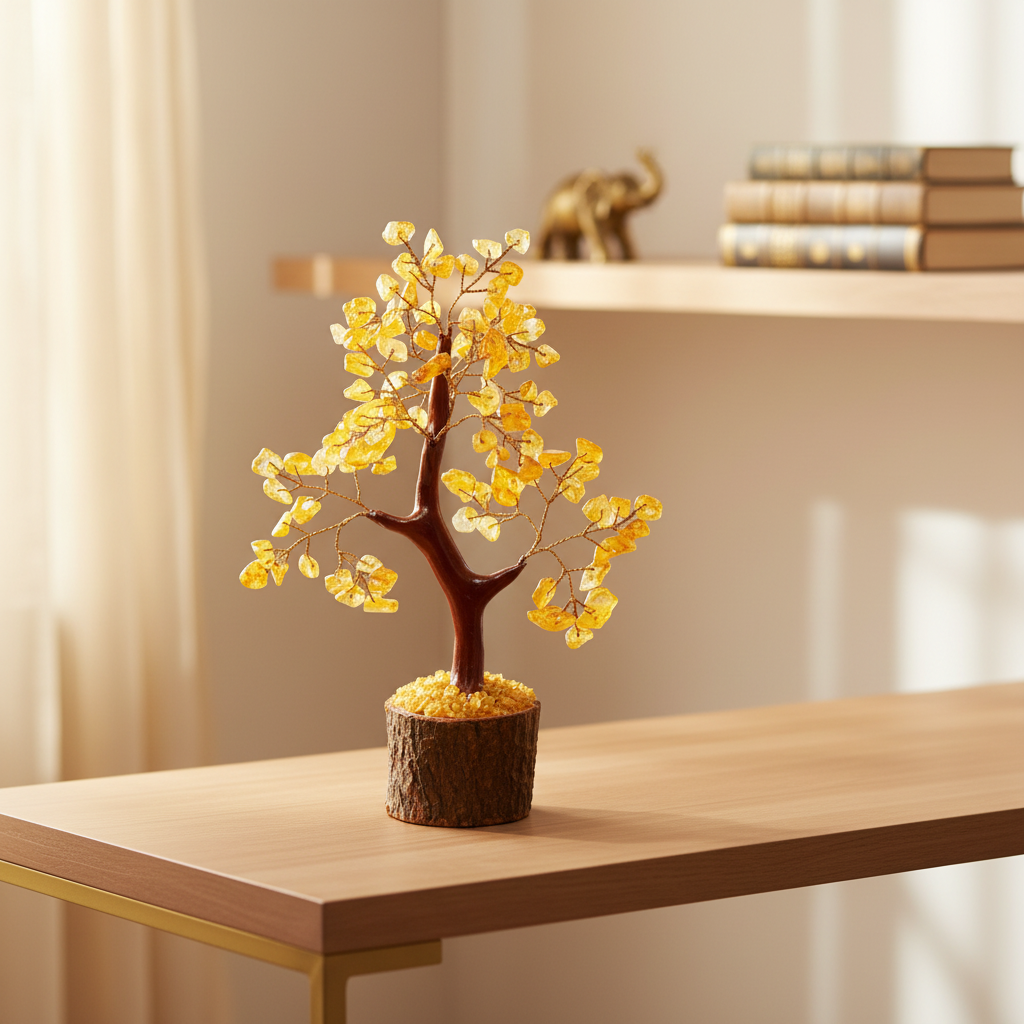 Citrine crystal tree displayed on a wooden console in a warm home workspace