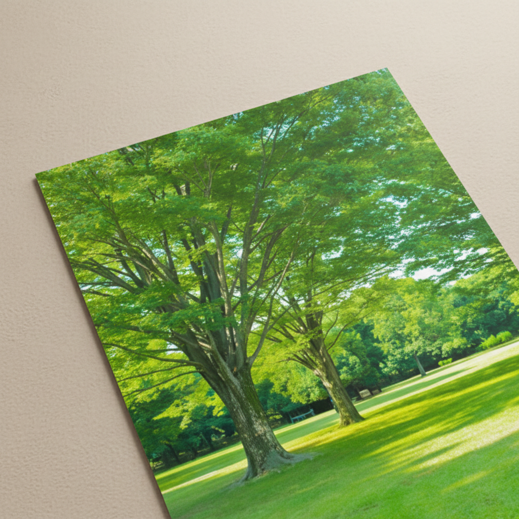 Close-up detail of the GREEN-LUSH poster showing vivid green foliage, trees, and sunlit grass