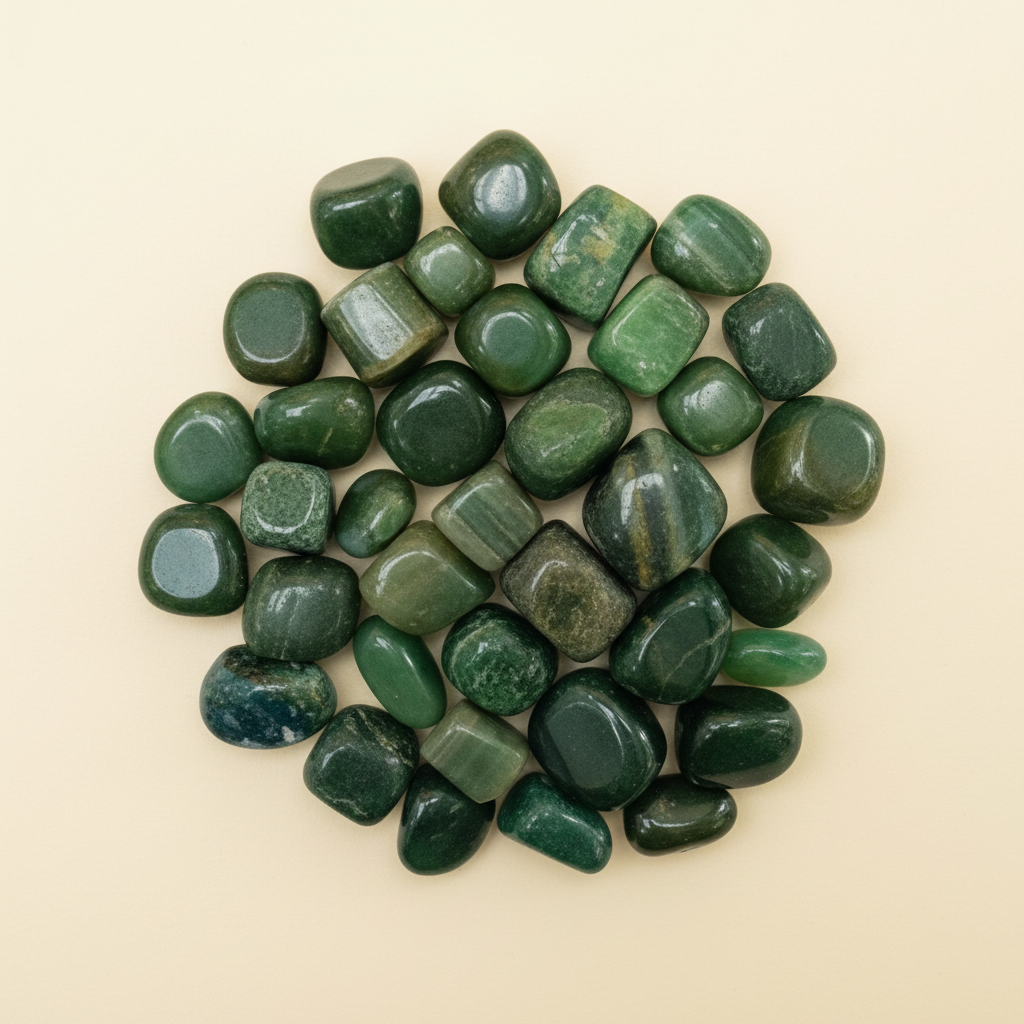 Polished Green Jade tumble stones arranged on an ivory studio background