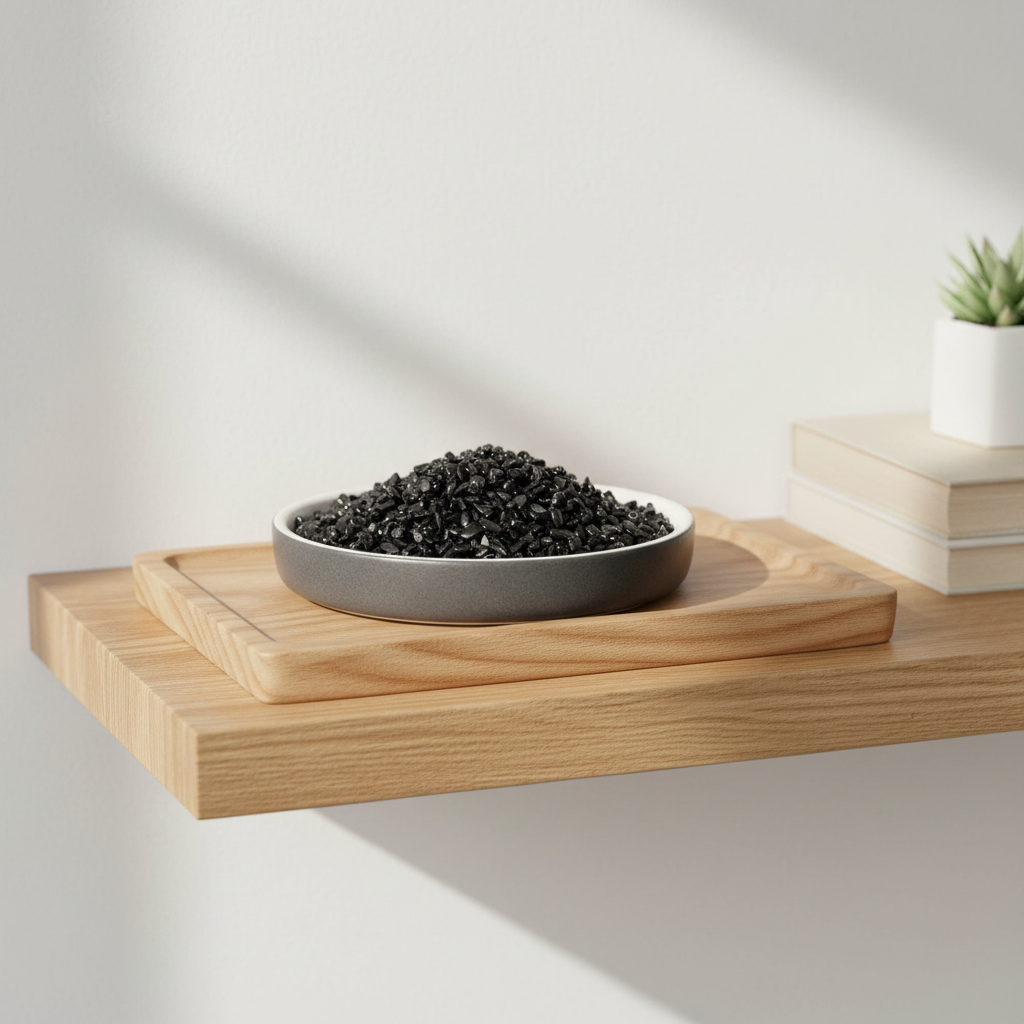 Black Tourmaline tumbled stones displayed in a dark dish on a calm wooden shelf