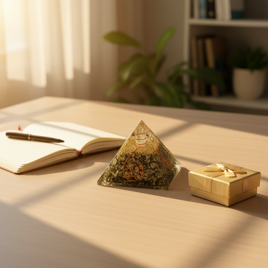 Golden Pyrite crystal pyramid displayed on a warm desk beside a notebook and gift box