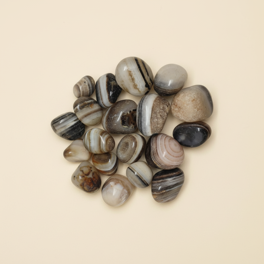 Polished Sulemani tumble stones arranged on an ivory studio background