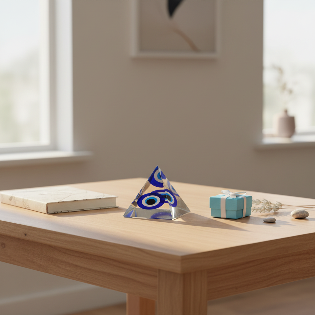 Blue-and-white Evil Eye protection pyramid displayed on an entryway or home-office table beside a notebook and gift box
