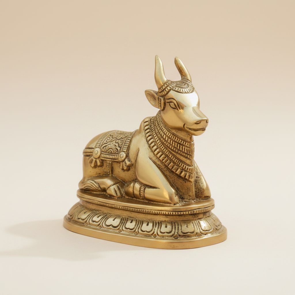 Nandi Ji murti in a warm studio setting, front three-quarter view