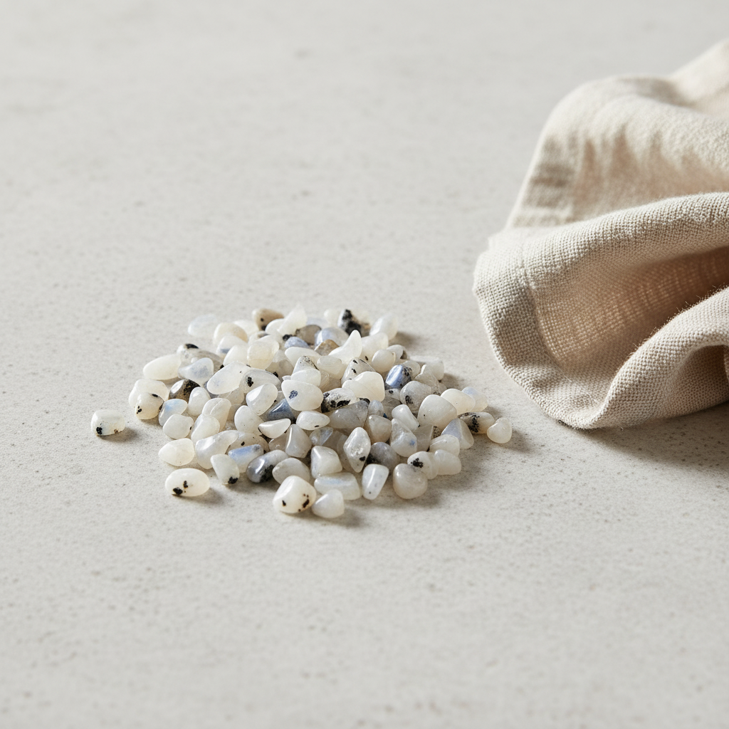 Rainbow Moonstone crystal chips arranged with neutral linen décor