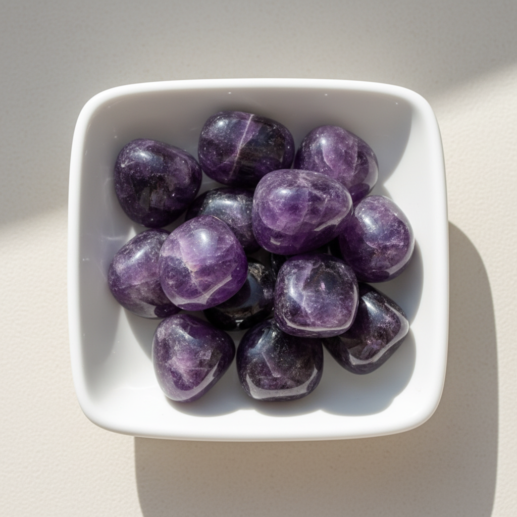 Amethyst tumble stones arranged in a white ceramic dish