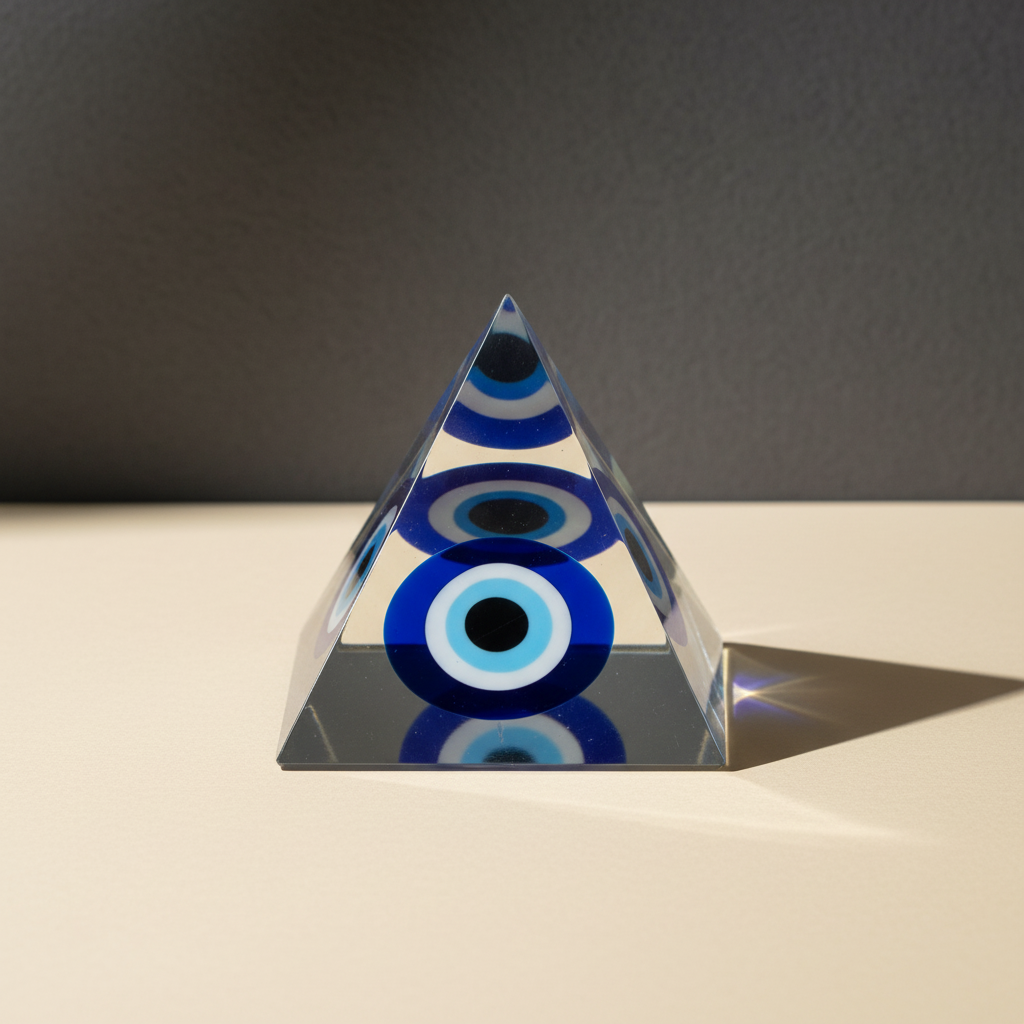 Blue-and-white Evil Eye protection pyramid on a premium studio background