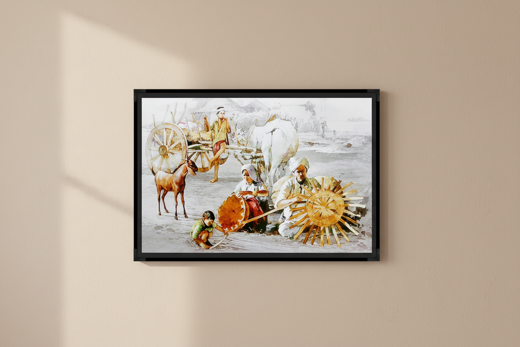 Village painting poster displayed in a warm neutral studio setting