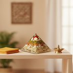 Annapurna prosperity pyramid styled in a warm prayer and meditation space