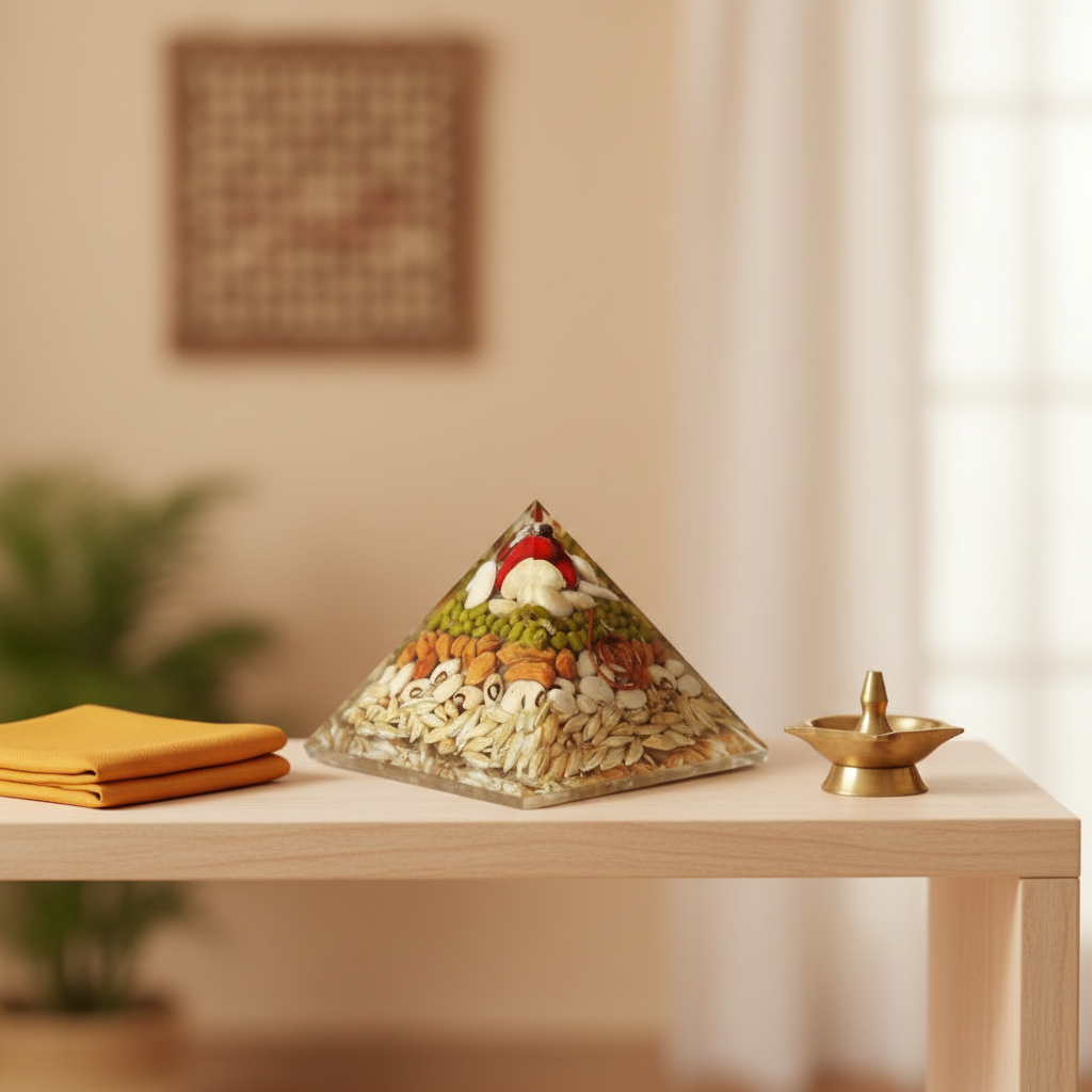 Annapurna prosperity pyramid styled in a warm prayer and meditation space