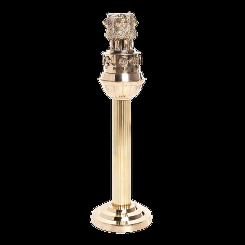 Tall brass Ashoka Pillar-inspired decor on a plain black background