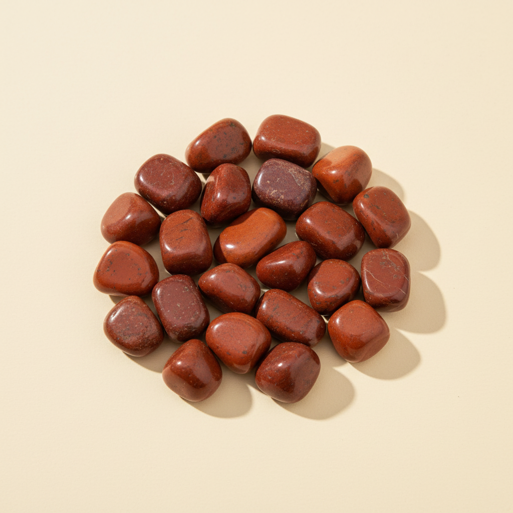 Polished Red Jasper tumble stones arranged on an ivory studio background