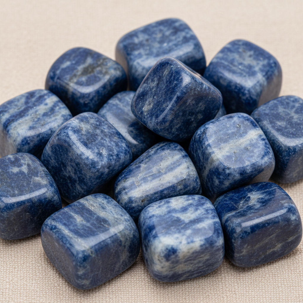 Close-up of smooth polished Sodalite tumble stones with natural blue and white veining