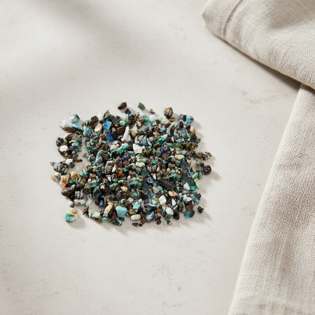 Azurite crystal chips arranged with neutral linen décor