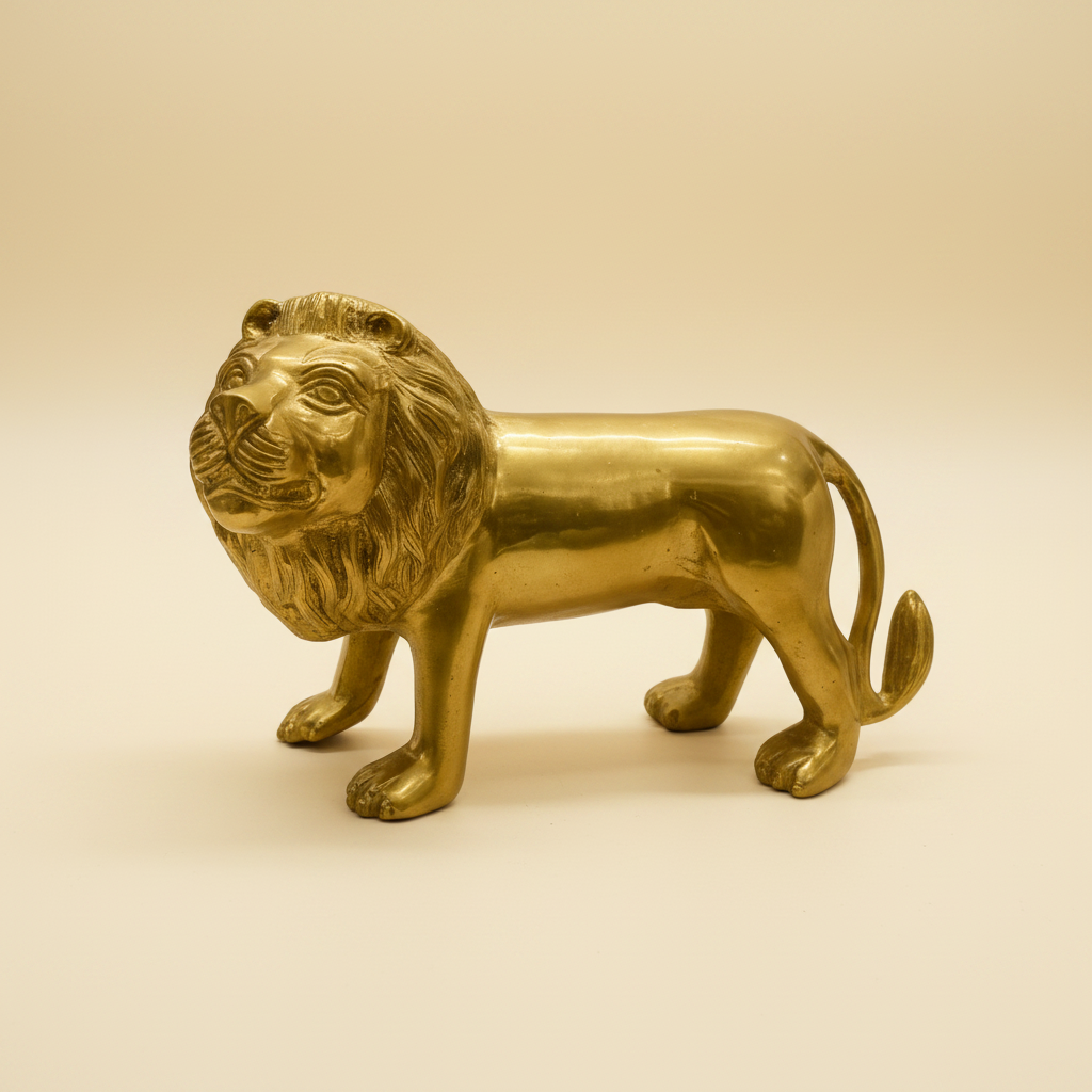 Golden lion statue in a warm studio setting, front three-quarter view