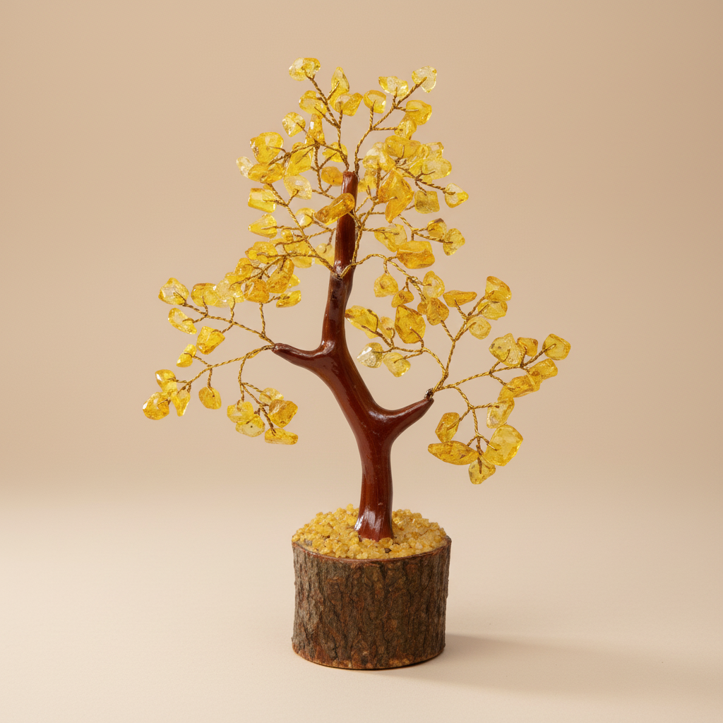 Close three-quarter view of a Citrine crystal tree with golden chips and wood base