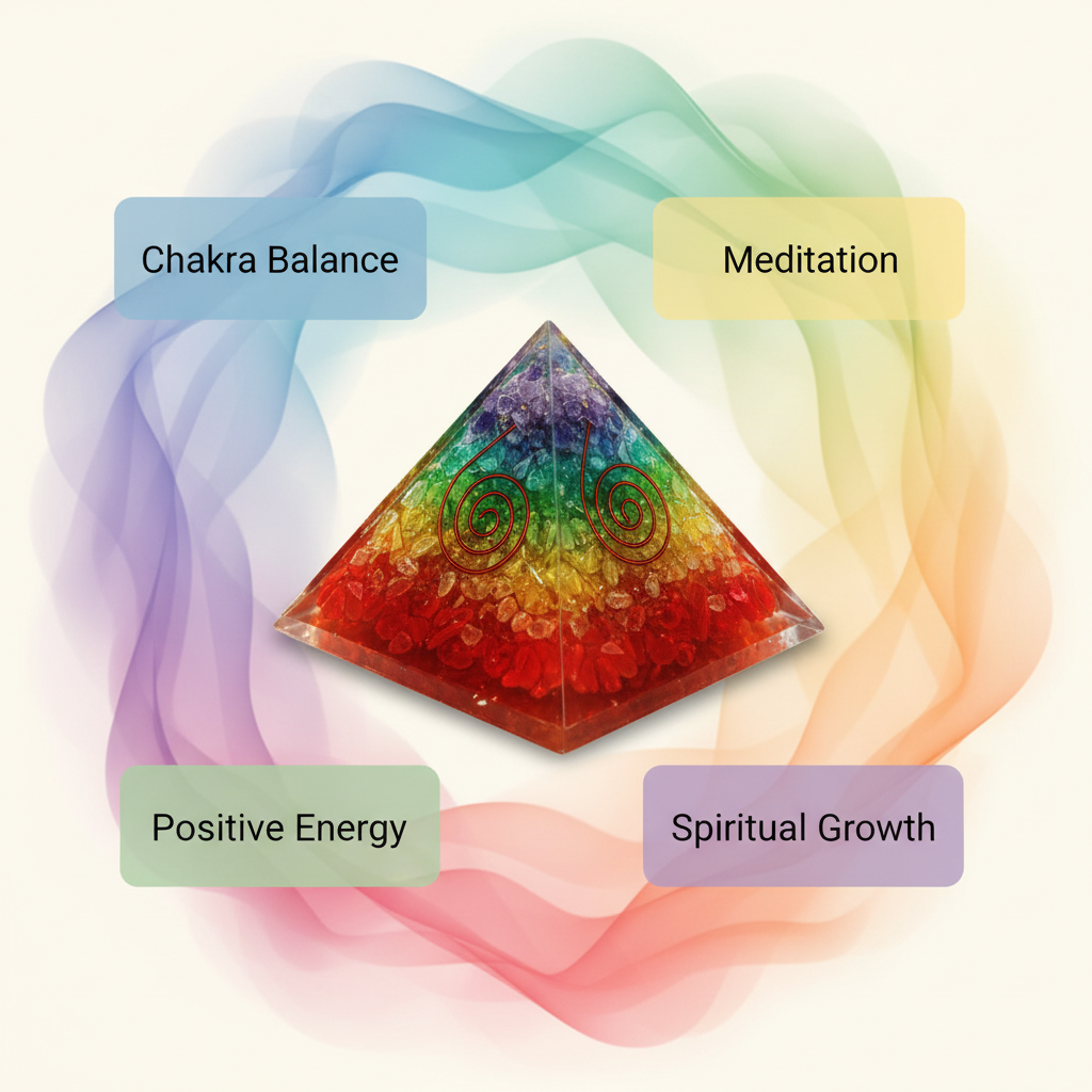 7 Chakra crystal coil pyramid with chakra balance, meditation, positive energy and spiritual growth benefits